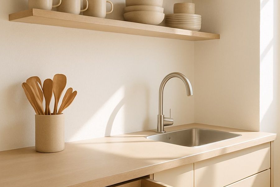 Organized kitchen with labeled glass jars on open shelving